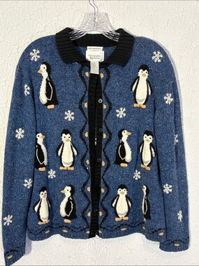 Christopher & Banks Hand Embroidered Blue Penguin Knit Cardigan with Black Trim